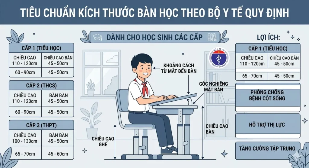 Tiêu Chuẩn Kích Thước Bàn Học Theo Bộ Y Tế Quy Định