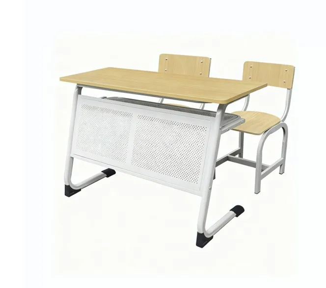 Bộ bàn ghế học sinh đôi PAMSFD05 khung trắng tấm chắn đục lỗ mặt bàn maple ghế gỗ