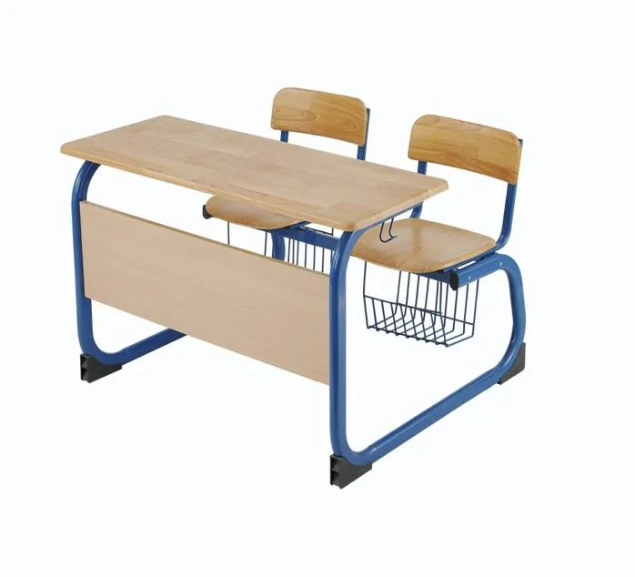 Bộ bàn ghế học sinh đôi PAMSFD04 khung xanh mặt bàn maple ghế gỗ có giỏ lưới hai bên