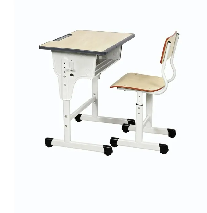 Bộ bàn ghế học sinh PAMSC11 khung thép trắng thân bàn nhựa đúc mặt bàn maple ghế gỗ MDF viền cam chân điều chỉnh
