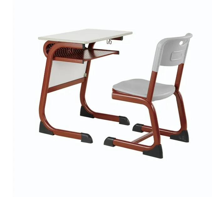 Bộ bàn ghế học sinh liên kết PAMSC13 khung thép nâu đỏ ngăn lưới đựng sách mặt bàn trắng ghế nhựa PP xám tay cầm