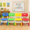 Bộ 4 ghế nhựa mầm non Pamedu màu xanh dương, xanh lá, vàng, đỏ xếp hàng ngang trong lớp học, thiết kế lưng ergonomic lỗ thoáng và chân cao su chống trượt